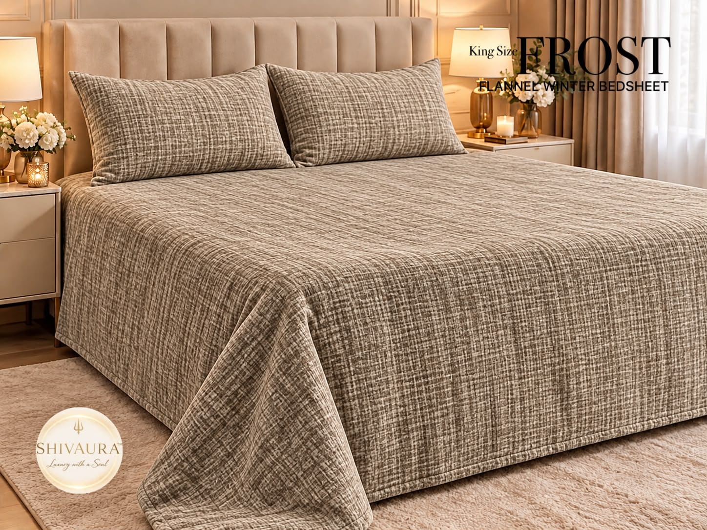 King Size Beige Brown Checkered Flannel Winter Bedsheet Set