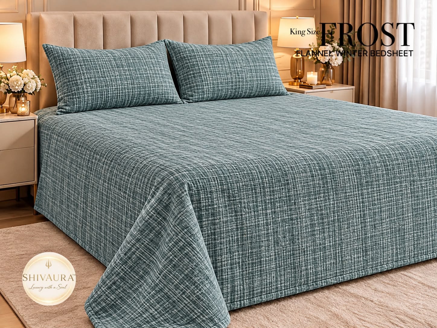 King Size Beige Brown Checkered Flannel Winter Bedsheet Set 2