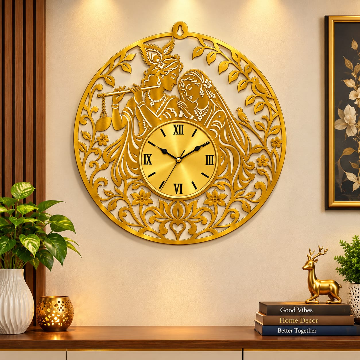 Luxury Golden Radha Krishna Decorative Round Wall Clock with Floral Pattern