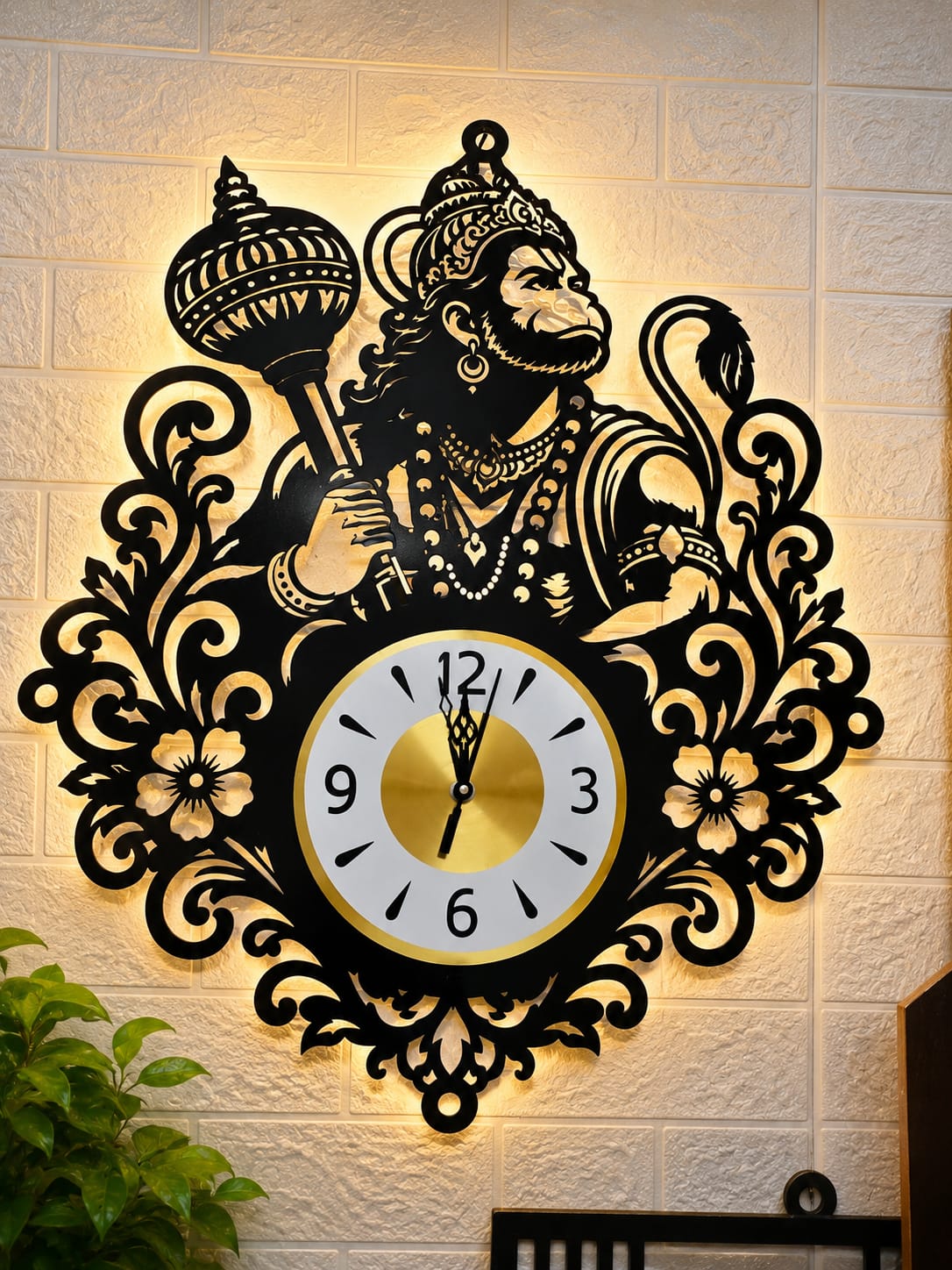 Black and Gold Lord Hanuman Decorative Wall Clock with Artistic Ornamental Design