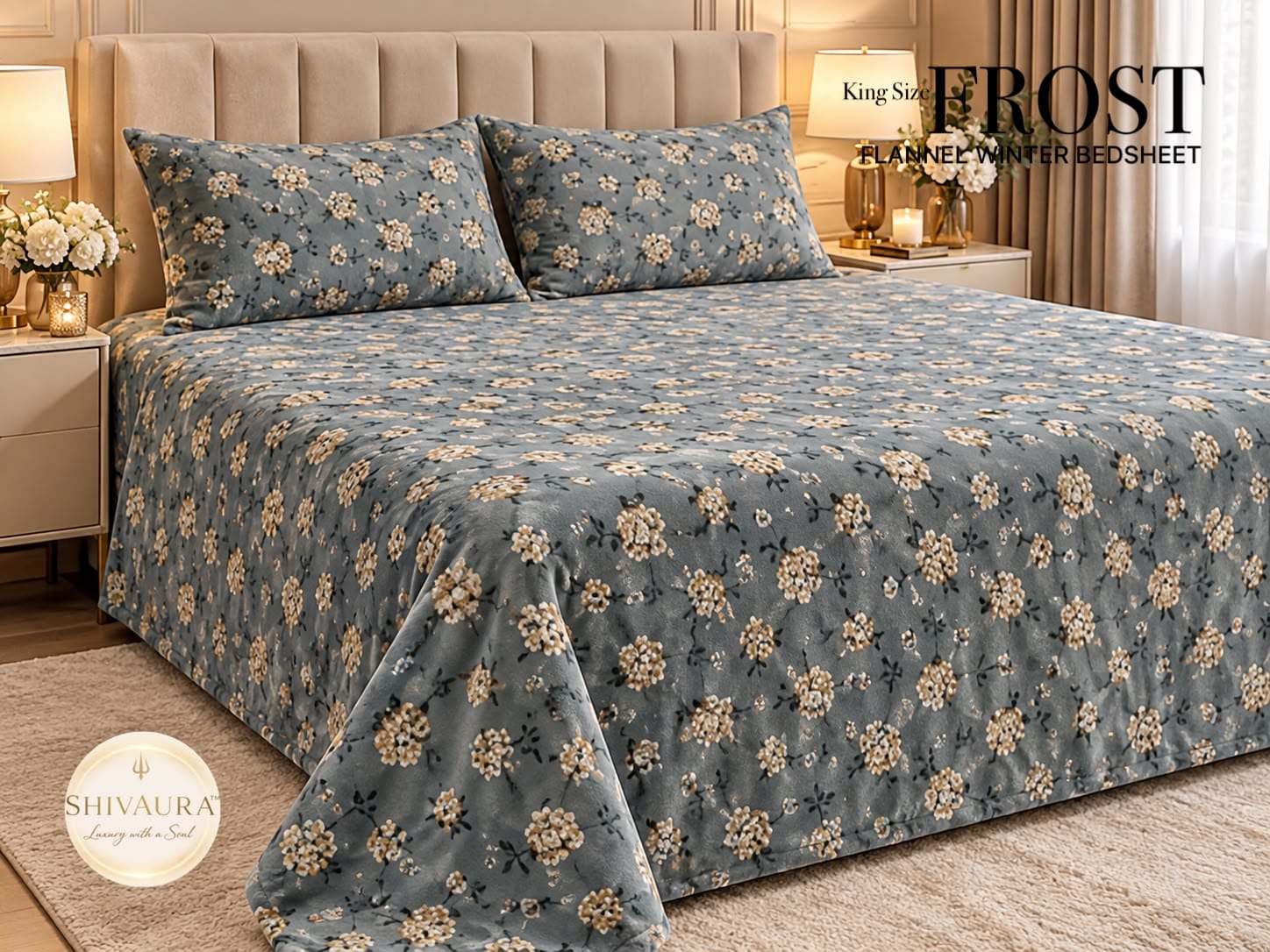 King Size Grey Floral Print Flannel Winter Bedsheet Set
