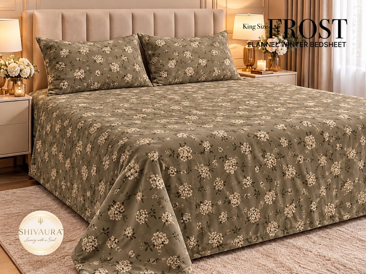 King Size Grey Floral Print Flannel Winter Bedsheet Set 2