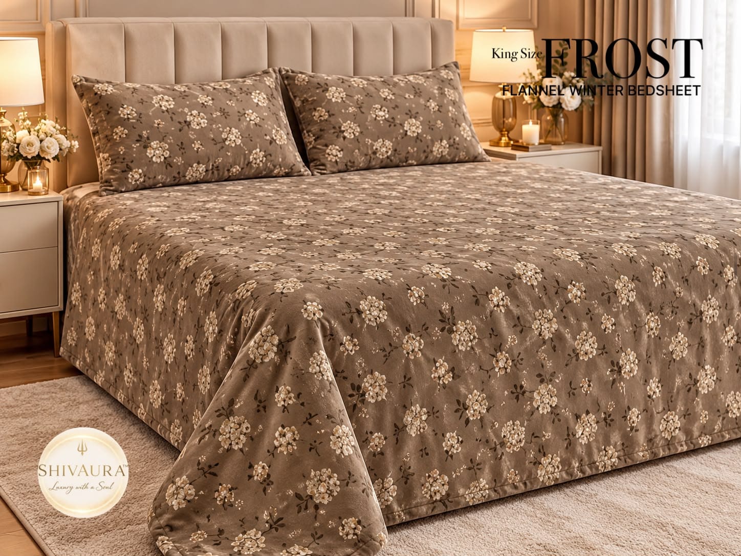King Size Grey Floral Print Flannel Winter Bedsheet Set 3