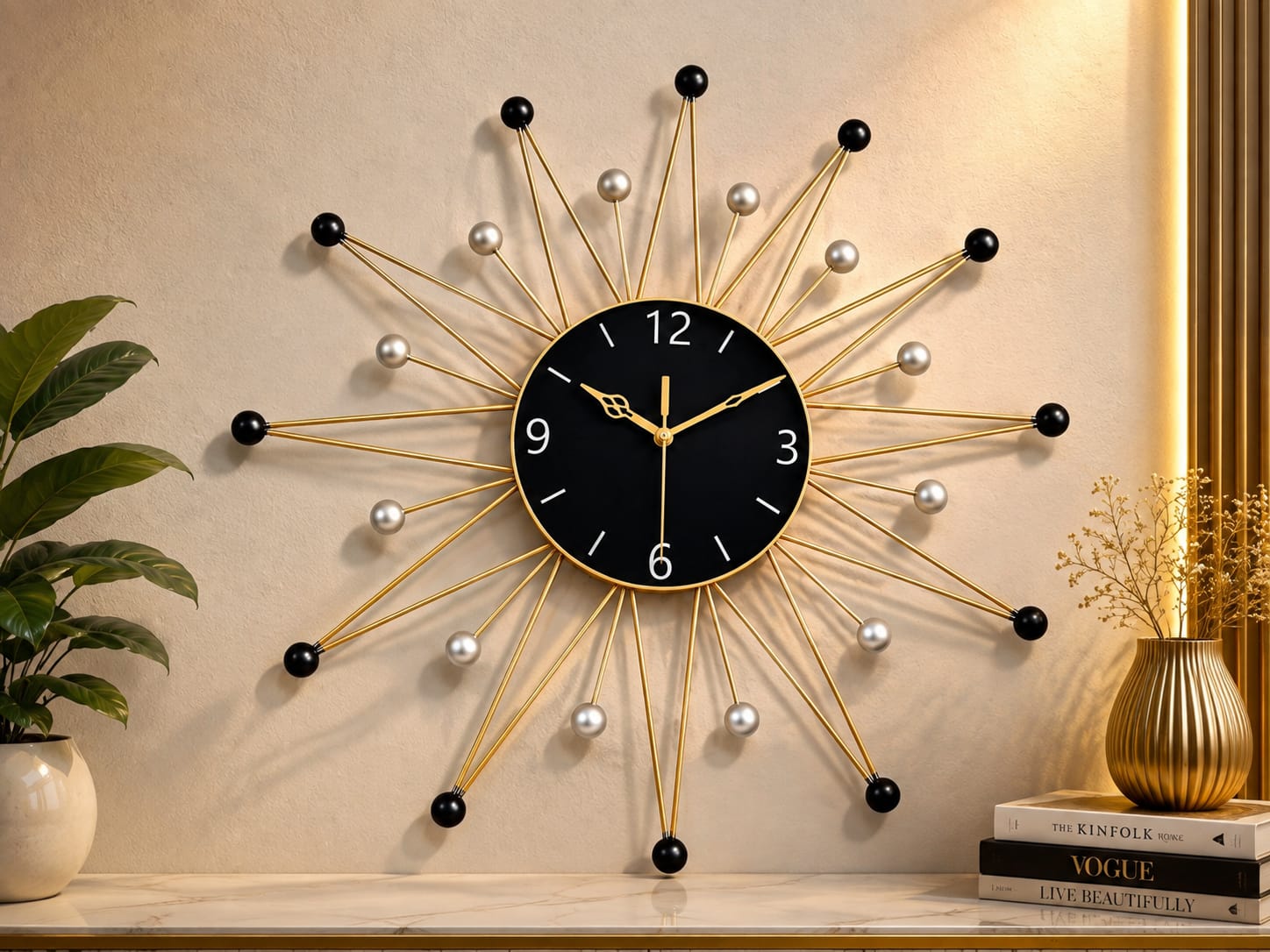 Luxury Gold Sunburst Metal Wall Clock with Black Dial for Living Room Decor