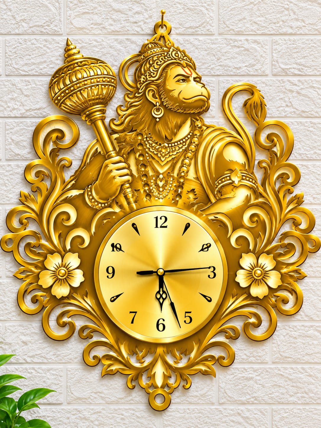 Royal Golden Lord Hanuman Decorative Wall Clock with Ornamental Frame